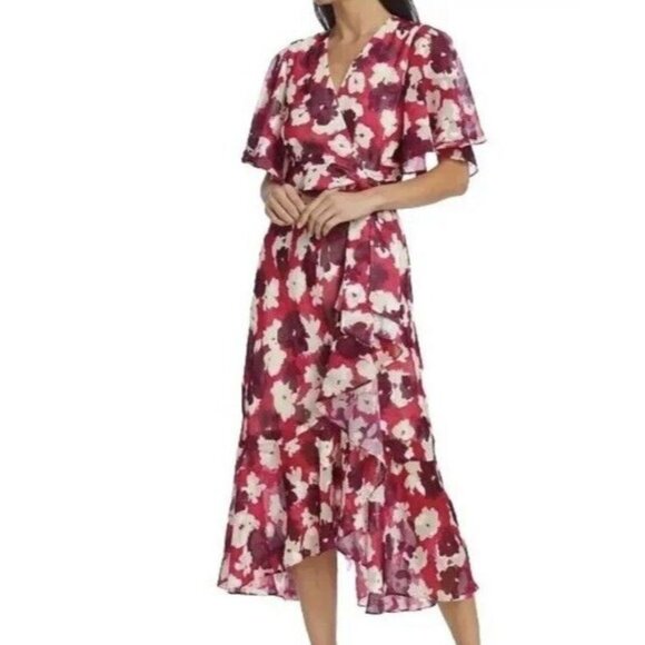 Tanya Taylor Dress Sz 4 Blaire Floral Faux Wrap Dress Midi Ruffle Long Sleeve - Picture 1 of 7